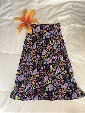 Floral A-Line Midi Skirt in Black with Pastel Flowers